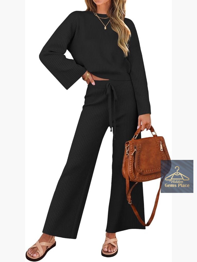 Long Sleeve Crop Top And Wide Leg Pants Lounge Set Size Medium